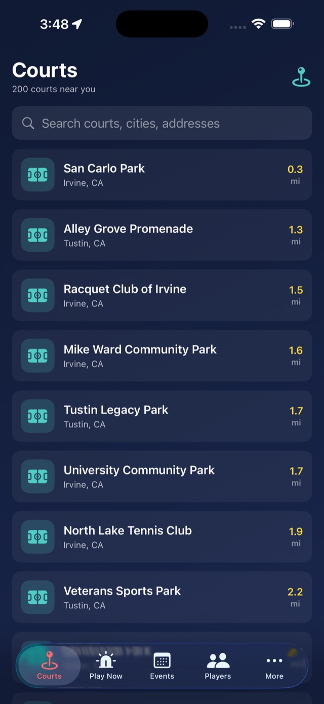 The Courts tab listing nearby pickleball courts sorted by distance