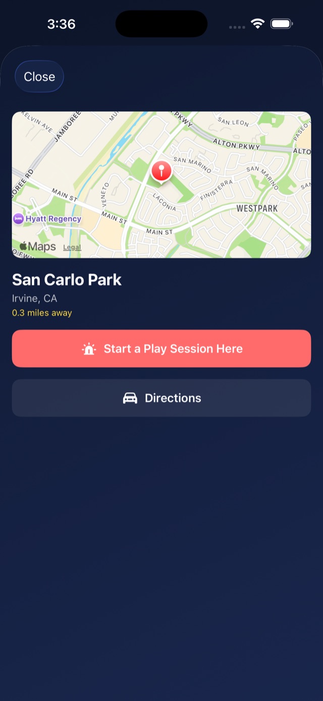 A court detail with a map, Start a Play Session button and Directions